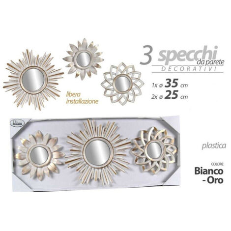 Trade Shop - Set 3pz Specchi Da Parete Decorativi Bianco Oro 25/35cm Specchio Plastica 823923 -