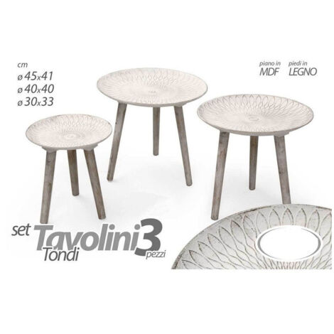 TRADE SHOP - Set 3pz Tavolini Piedi Legno Salotto Giardino Anticati ø45-40-30cm Tondi 783982 -