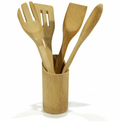 TRADE SHOP - Set 4 Mestoli In Bamboo Con Pratico Contenitore Porta Utensili Accessori Cucina H33cm -
