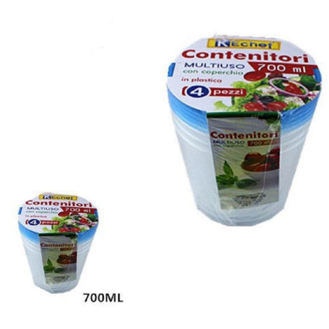 Trade Shop - Set 4 Pezzi Contenitori Multiuso Tondo Con Coperchio In Plastica 700 Ml Cucina -