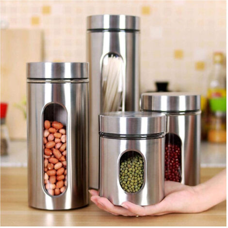 TRADE SHOP - Set 4pz Contenitori Per Alimenti In Acciaio Per Tè Caffè Spezie Biscotti Zucchero -
