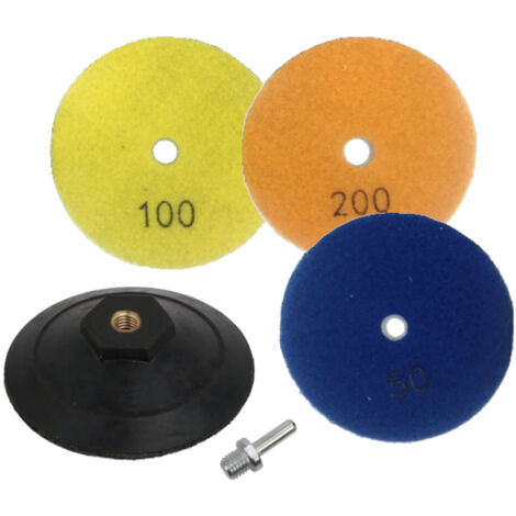 Trade-Shop SET (5-teilig): Ø100mm Diamant Schleifscheiben Polierpads Nass-Trocken - 50, 100, 200 / inkl. Aufnahmeteller + M14 Spanndorn