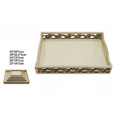 TRADE SHOP - Set 5pz Cassette Vassoi In Legno Naturale Decorato Varie Misure Decoupage 53395a -