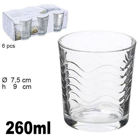 TRADE SHOP - Set 6 Bicchieri Trasparenti 260ml In Vetro Da Tavola Acqua Bevanda Effetto Onde -