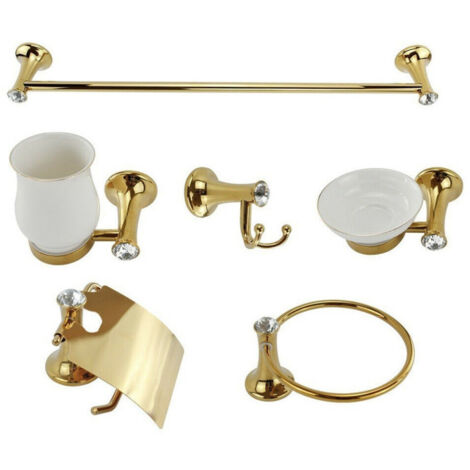 Trade Shop - Set 6 Pcs Accesorios De Baño Oro Y Cerámica Con Puntos De Luz De Cristal Acrílico -