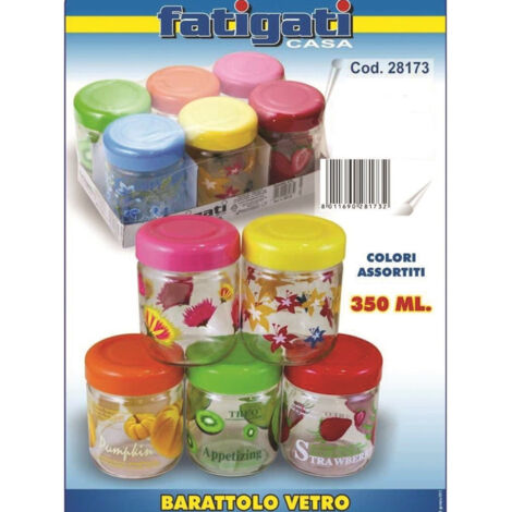 TRADE SHOP - Set 6 Pezzi Barattoli Contenitori In Vetro Colorati Coperchio Plastica 350ml -