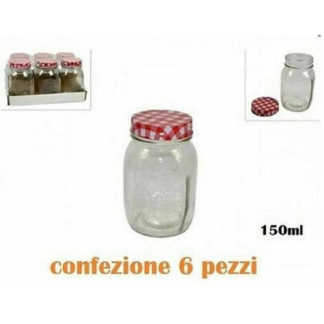 TRADE SHOP - Set 6 Pezzi Barattolo Vetro Contenitore Con Tappo Colorato Tovaglia 150ml -