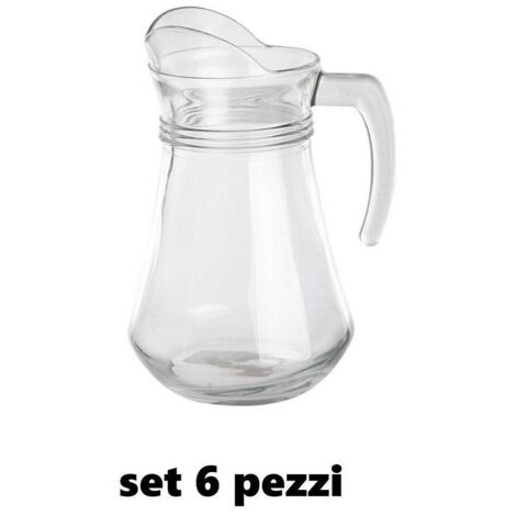 Trade Shop - Set 6 Pezzi Brocca Caraffa In Vetro Trasparente 1,3 Lt Litri Per Acqua Vino -