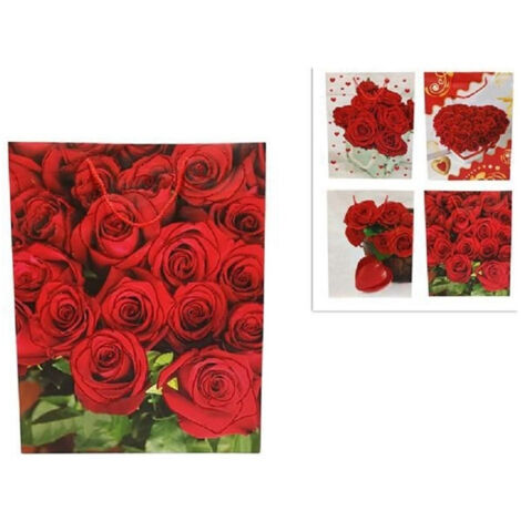 TRADE SHOP - Set 6 Pezzi Buste Da Regalo Con Rose 42x33x12cm Borsa San Valentino Vari Modelli -