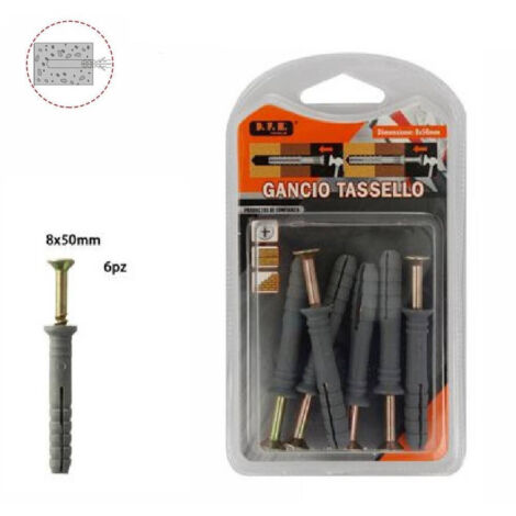 TRADE SHOP - Set 6 Pezzi Tasselli Fisher Viti Vite Chiodi Gancio Tassello Misura 8x50mm 69052 -