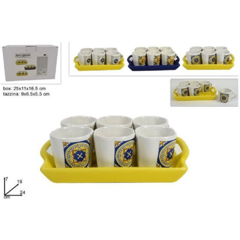 TRADE SHOP - Set 6 Pezzi Tazzine Tazze Servizio Tè Caffè Con Vassoio Con Decoro Maiolica -