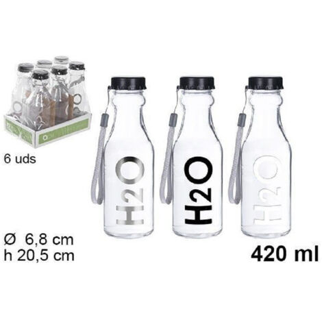 TRADE SHOP - Set 6 Pz Bottiglia D'acqua H2o Vetro Trasparente 420ml Borraccia Laccetto 109286 -