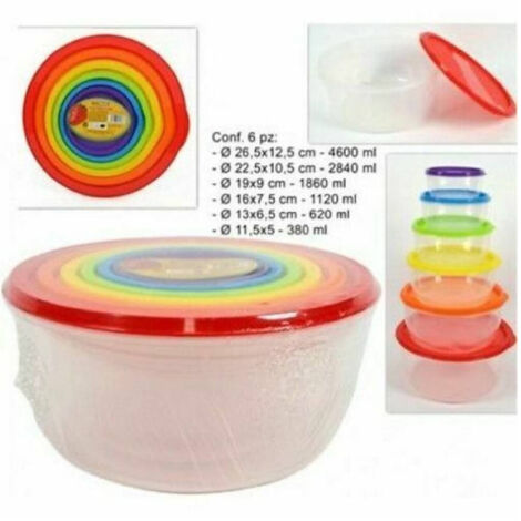 TRADE SHOP - Set 6 Pz Pezzi Contenitori In Plastica Tondi Con Coperchio Per Alimenti -