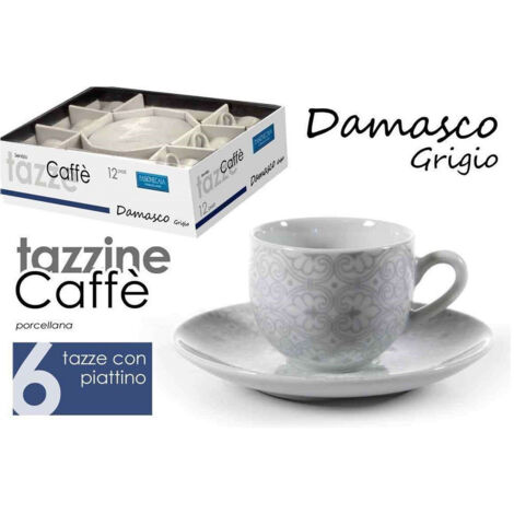 TRADE SHOP - Set 6pz Tazzine Caffè Piattino Classico Moderno Damasco Grigio Porcellana 720383 -
