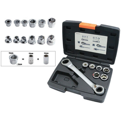 Trade Shop - Set 7 Chiave A Cricchetto Reversibile Esagonali 14-19mm 5 Innesti 6-19mm -