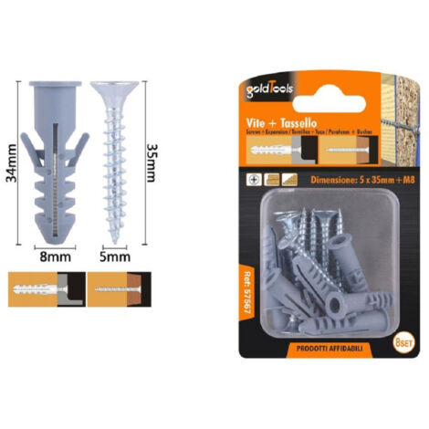 Trade Shop - Set 8 Pcs Tornillos Tornillo Cruzado 5x35 Mm + Anclajes Con Alas Ancla M8 Fischer 57567 -