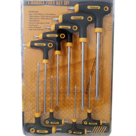 TRADE SHOP - Set 9 Chiavi Chiavini Lunghi Torx Con Foro Con Manico Ad Elle A T Cromo Vanadio -