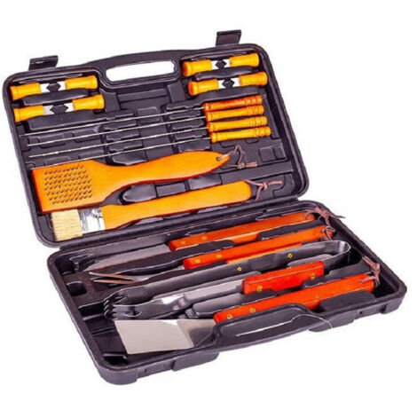 TRADE SHOP - Set Barbecue 18 Pezzi Con Valigetta Bbq Grill Acciaio Inox Manico Legno 6498010 -