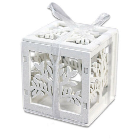 Trade Shop - Set Bomboniera Per Matrimonio Cubo In Legno Albero Della Vita Stilizzato Bianco -
