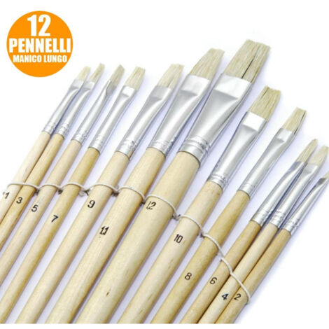 Trade Shop - Set De 12 Pinceles Planos Con Mango Largo De Madera Grosor 1-12 Mm Hobby Pintura -