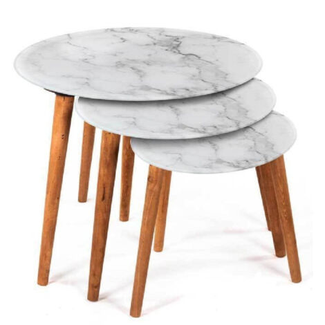 Trade Shop - Set De 3 Mesas De Centro Efecto Mármol Pies De Madera Salón Moderno Redondas ø53-39-30cm 839429 -