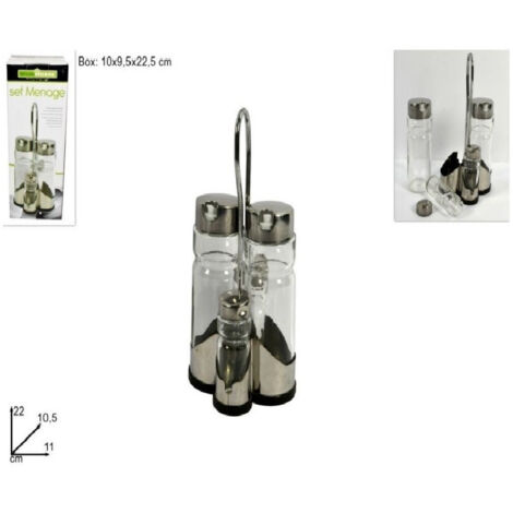 Trade Shop - Set De 4 Botellas Menage Para Vinagre De Aceite Salt Pepper Cap De Vidrio Dispensador De Acero -