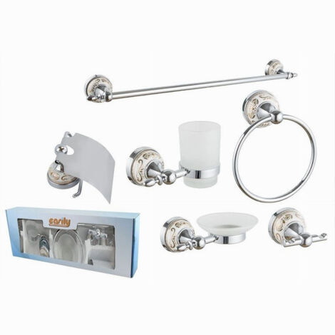 Trade Shop - Set De Baño 6pzs Acero Cristal Cerámica Decoraciones Dorada Portarollos 52436 -