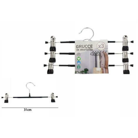 Trade Shop - Set Di 3 Pz Grucce Gruccia In Metallo Nera Con Clip 31cm Vestiti Pantaloni 67620 -
