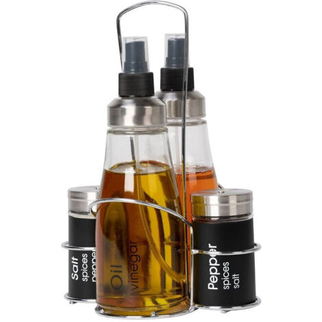 TRADE SHOP - Set Menage Contenitori In Vetro Acciaio 4 Pezzi Con Stand Accessori Per Cucina -