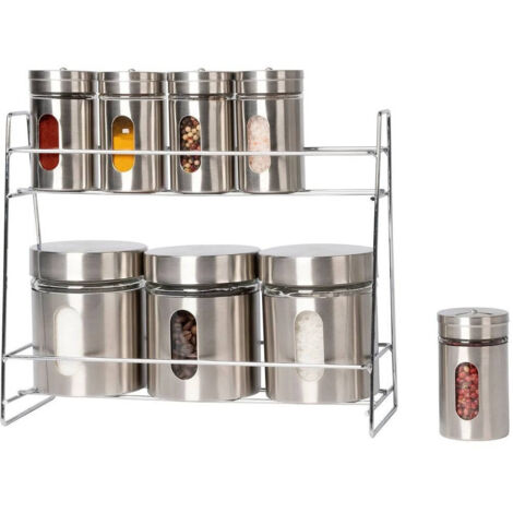 Trade Shop - SET MIT 8 GEWÜRZGLASERN AUS GLAS UND EDELSTAHL MIT KÜCHENSTÄNDER -