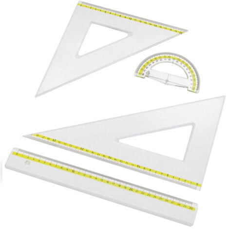 Trade Shop - Set School Disegno Con Riga Righello + Goniometro 180° + Squadrette 45° 60° -