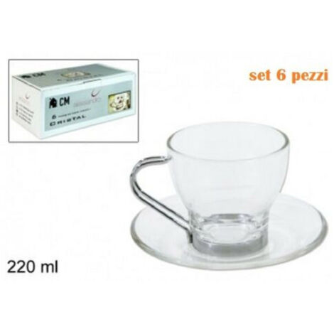 TRADE SHOP - Set Servizio 6 Tazze Tazzine Caffè In Vetro Trasparente Con Piattino 220ml -