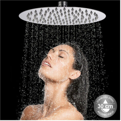 Trade Shop - Soffione Doccia Bagno Cascata Tondo 30 Cm Acciaio Ultra Sottile Effetto Pioggia -