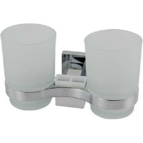 Trade Shop - Soporte Cepillo De Dientes 2 Vasos Pasta De Dientes Pared Acero Vidrio Cuadrado 59187 -