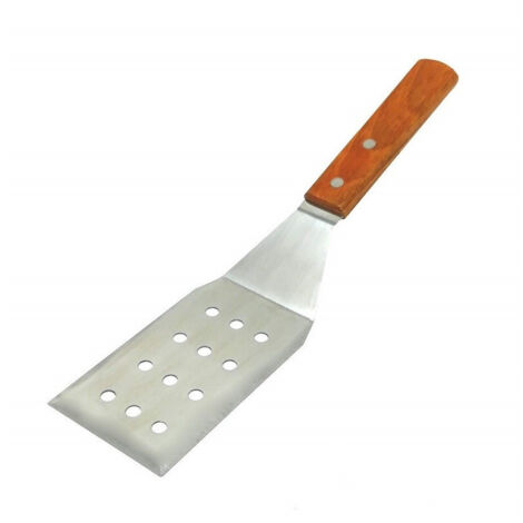 TRADE SHOP - Spatola Forata In Acciaio Con Manico In Legno Paletta Gira Grigliare Carne Bbq -