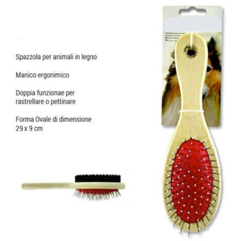 Trade Shop - Spazzola Doppia Per Cani Animali Gatti Rastrella Pettina 29x6 Cm Ovale In Legno -
