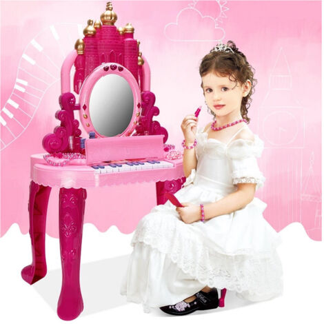 Trade Shop - Specchiera Make Up Per Bambina Con Luci Suoni Tastiera Pianola E Sgabello 2in1 -