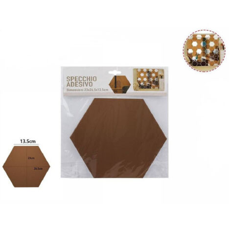 Trade Shop - Specchio Adesivo Esagonale Adesiva Murale Arredamento Casa 23x26.5x13.5cm 70879 -