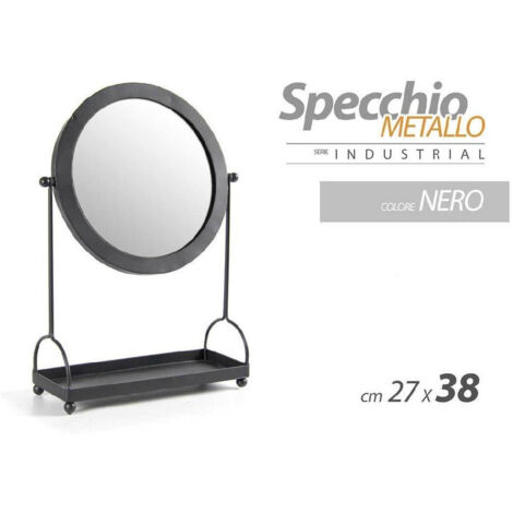 TRADE SHOP - Specchio Tavolo Metallo Appoggio Porta Oggetti Nero Bagno Trucco 27x38cm 782237 -