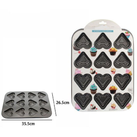 Trade Shop - Stampo Teglia Vassoio Antiaderente Per 12 Muffin Cupcake Dolci Budino Cuori 59947 -