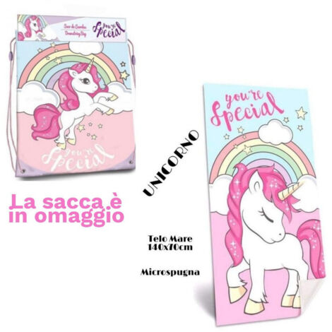 Trade Shop - Strandtuch aus Baumwolle mit Einhornmotiv + kostenlose Tasche, Strand- und Pooltuch für Mädchen -