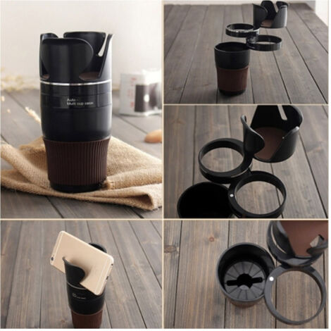 TRADE SHOP - Tazza Auto Multifunzione 5in1 Anelli Girevole Porta Bevande Bicchiere Smartphone -