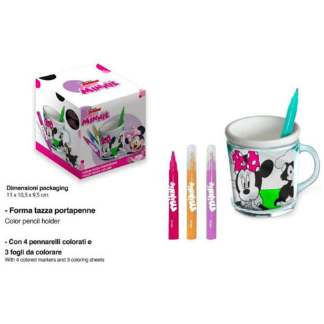 Trade Shop - Tazza Portapenne Da Colorare Minnie Disney Bicchiere Pennarelli Colori Regalo -