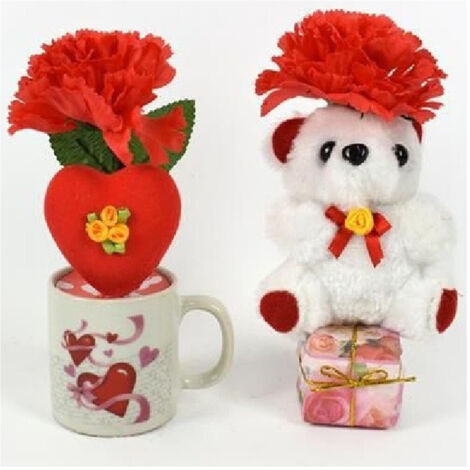 TRADE SHOP - Tazzina Con Peluche Orsetto Idea Regalo San Valentino Con Fiori Cuore Confezione -