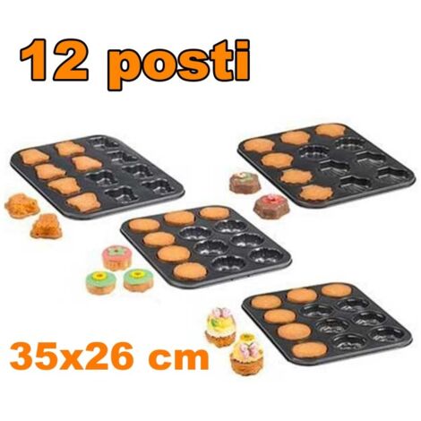 Trade Shop - Teglia Stampi Stampini Per Muffin 12 Posti Da Forno  Antiaderente 35x26 Cm