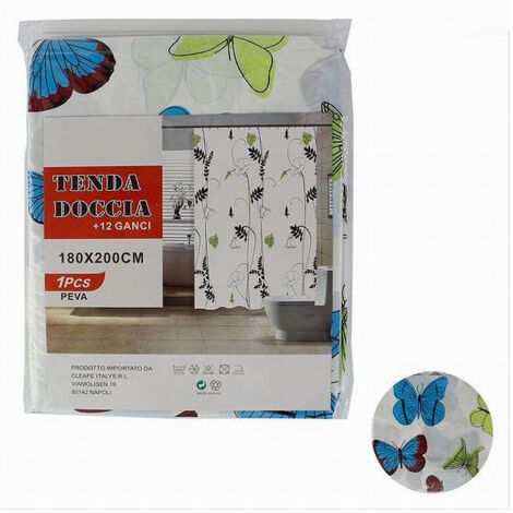 Trade Shop - Tenda Doccia Vasca Da Bagno Peva 12 Ganci Decorata Con Farfalle 180x200cm 52146 -