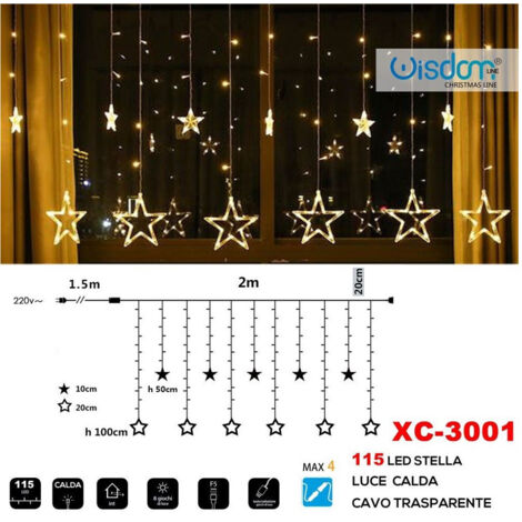 TRADE SHOP - Tenda Luminosa Natalizia 115 Led Con Stelle Luce Calda Cavo Trasparente Xc-3001 -