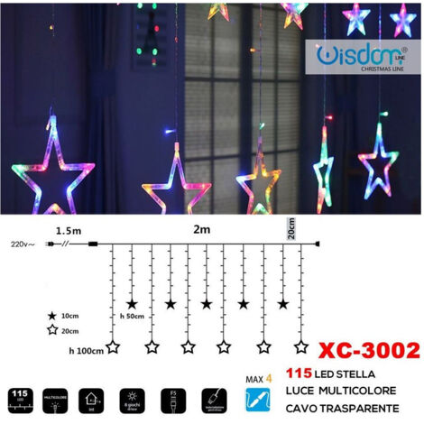 TRADE SHOP - Tenda Luminosa Natalizia 115led Stelle Luce Multicolore Cavo Trasparente Xc-3002 -