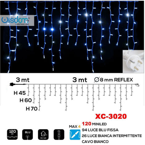 Trade Shop - Tenda Luminosa Natalizia 120 Led Luce Blu Fissa + Bianca Intermittente Xc-3020 -