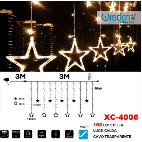 TRADE SHOP - Tenda Luminosa Natalizia 168 Led Con Stelle Luce Calda Cavo Trasparente Xc-4006 -